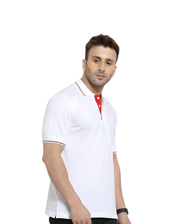 Collar Neck Half Sleeve Cotton T-Shirt | White Red Tipping