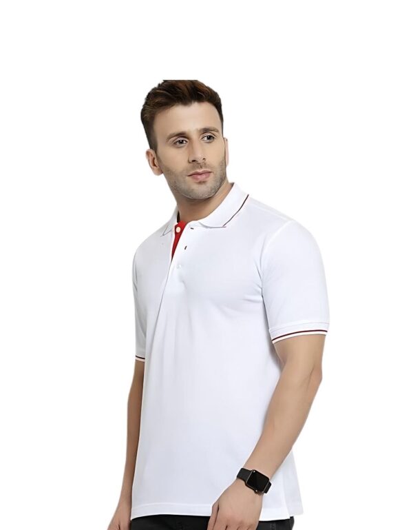 Collar Neck Half Sleeve Cotton T-Shirt | White Red Tipping