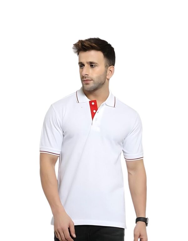 Collar Neck Half Sleeve Cotton T-Shirt | White Red Tipping